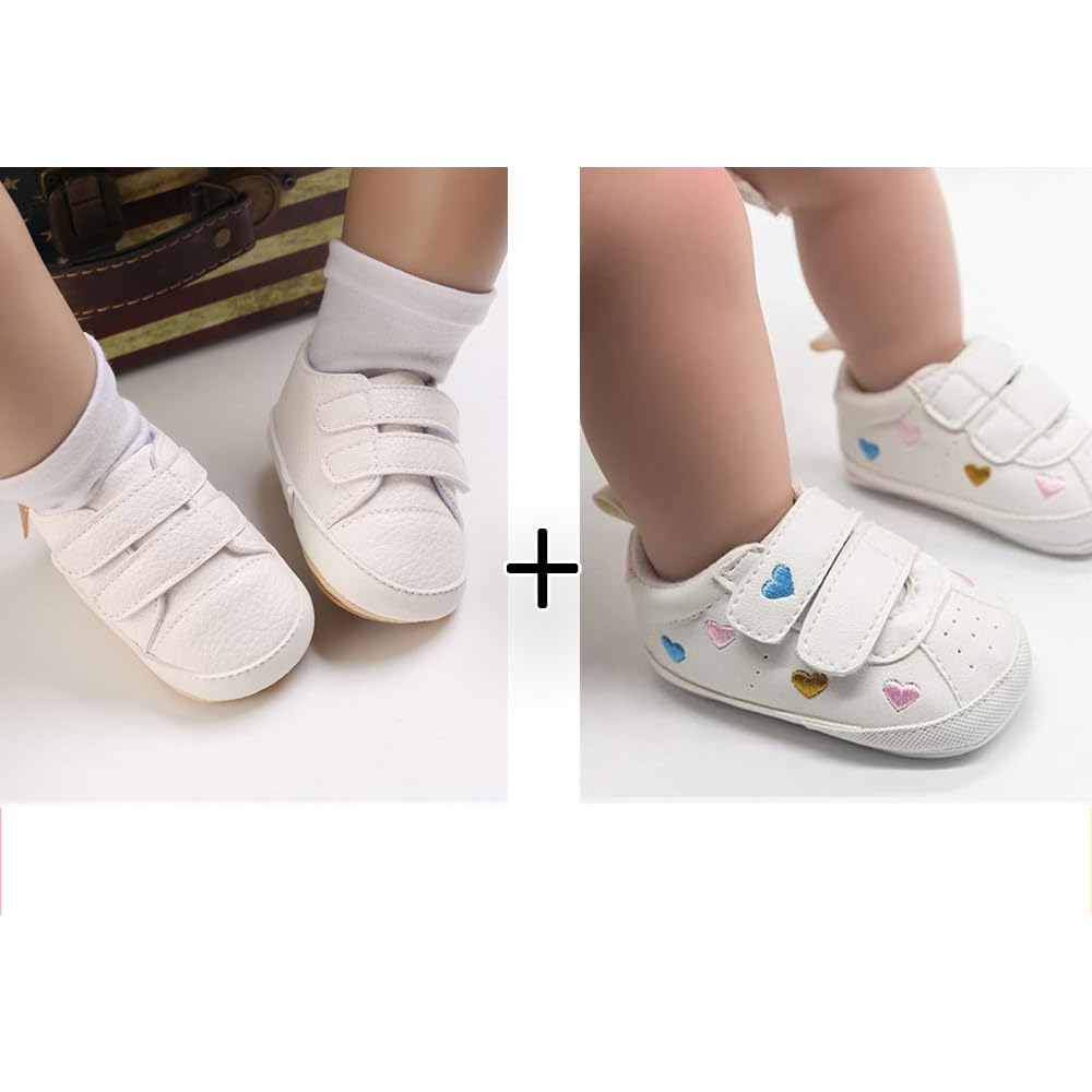 eitwo 2Pairs Baby Shoes,Boys Girls Non-Slip Rubber Sole Sneakers,Unisex Infant Soft Lightweight First Walking Crib Shoes (2Pairs_Heart+White,3-6 Months)