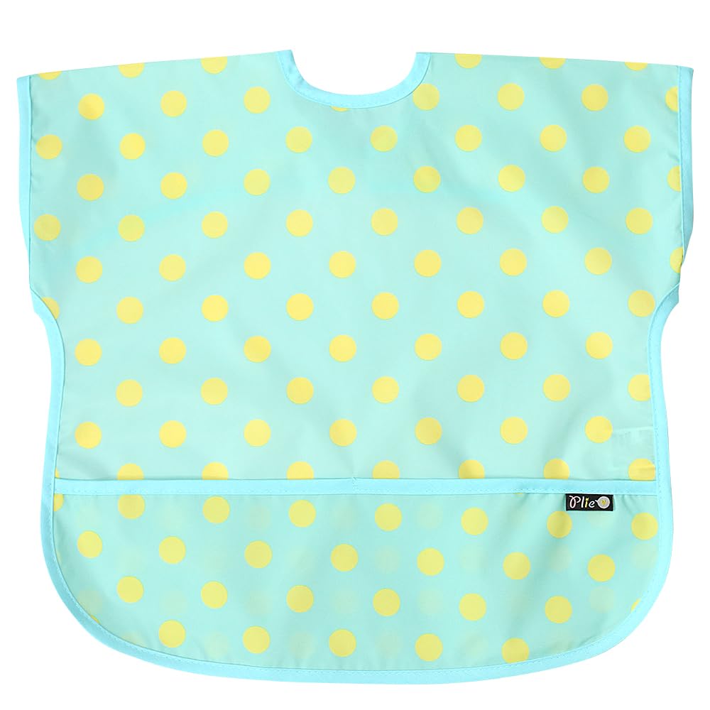 Plie Short Sleeve Waterproof Bib for Toddlers – Easy Clean Feeding Apron for Mealtime, Daycare, Self-Feeding & Messy Play, Lightweight BPA-Free Baby Bib (6–24 Months), Feeding - Mint/Dot