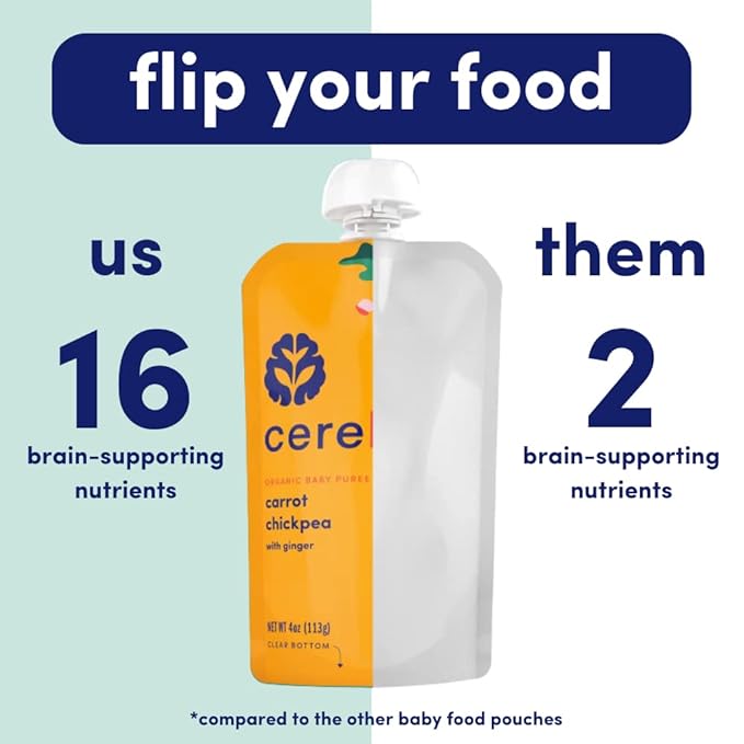 Cerebelly Organic Baby Food Pouches, Carrot Chickpea Purees, 16 Nutrients, No Added Sugar, Fiber & Non-GMO, 4oz, 6 Pack