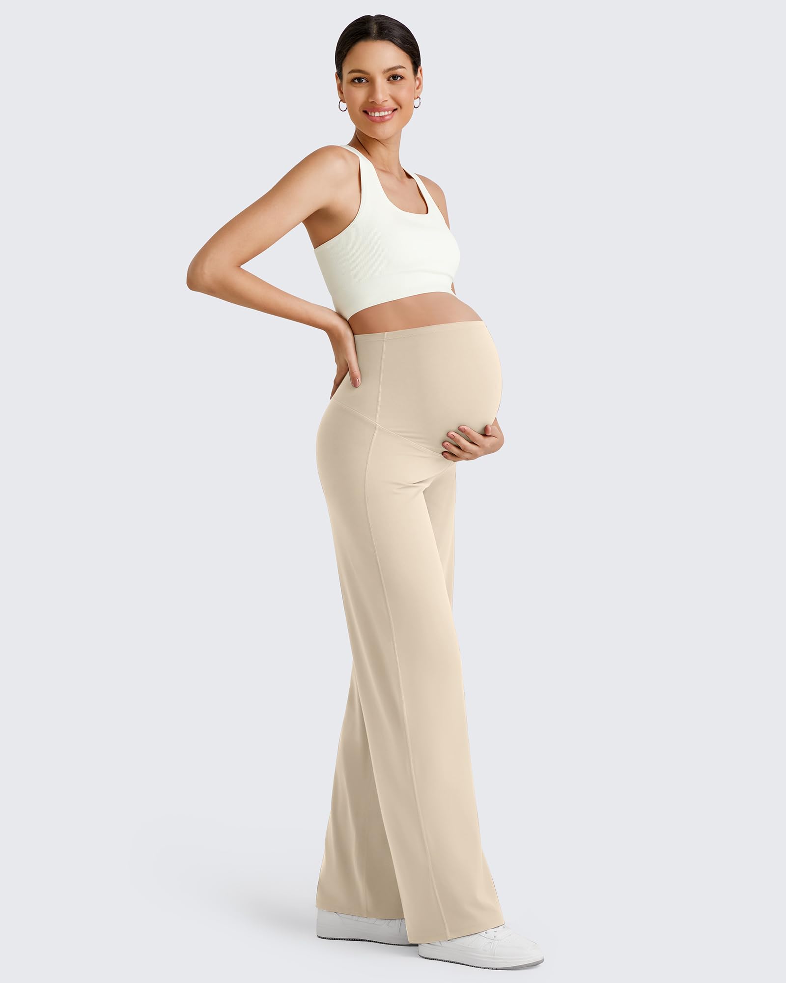 G4Free Pregnancy Pants Athletic Wide Leg,Light Khaki,XXL,Petite