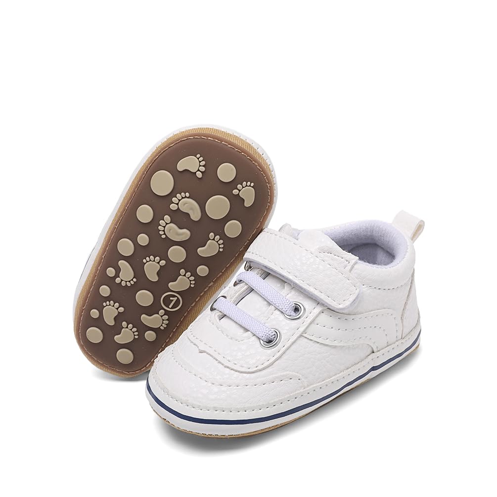 Clowora Baby Boys Girls Shoes Non-Slip Rubber Sole Sneakers Infant First Walking Toddler Crib Shoes Newborn Loafers Flats. (0611/White,0-6 Months)