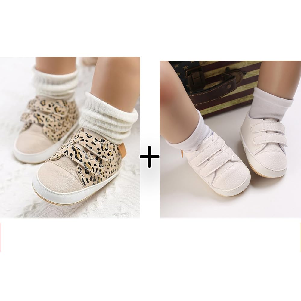 eitwo 2Pairs Baby Shoes,Boys Girls Non-Slip Rubber Sole Sneakers,Unisex Infant Soft Lightweight First Walking Crib Shoes (2Pairs_White+Leopard,3-6 Months)