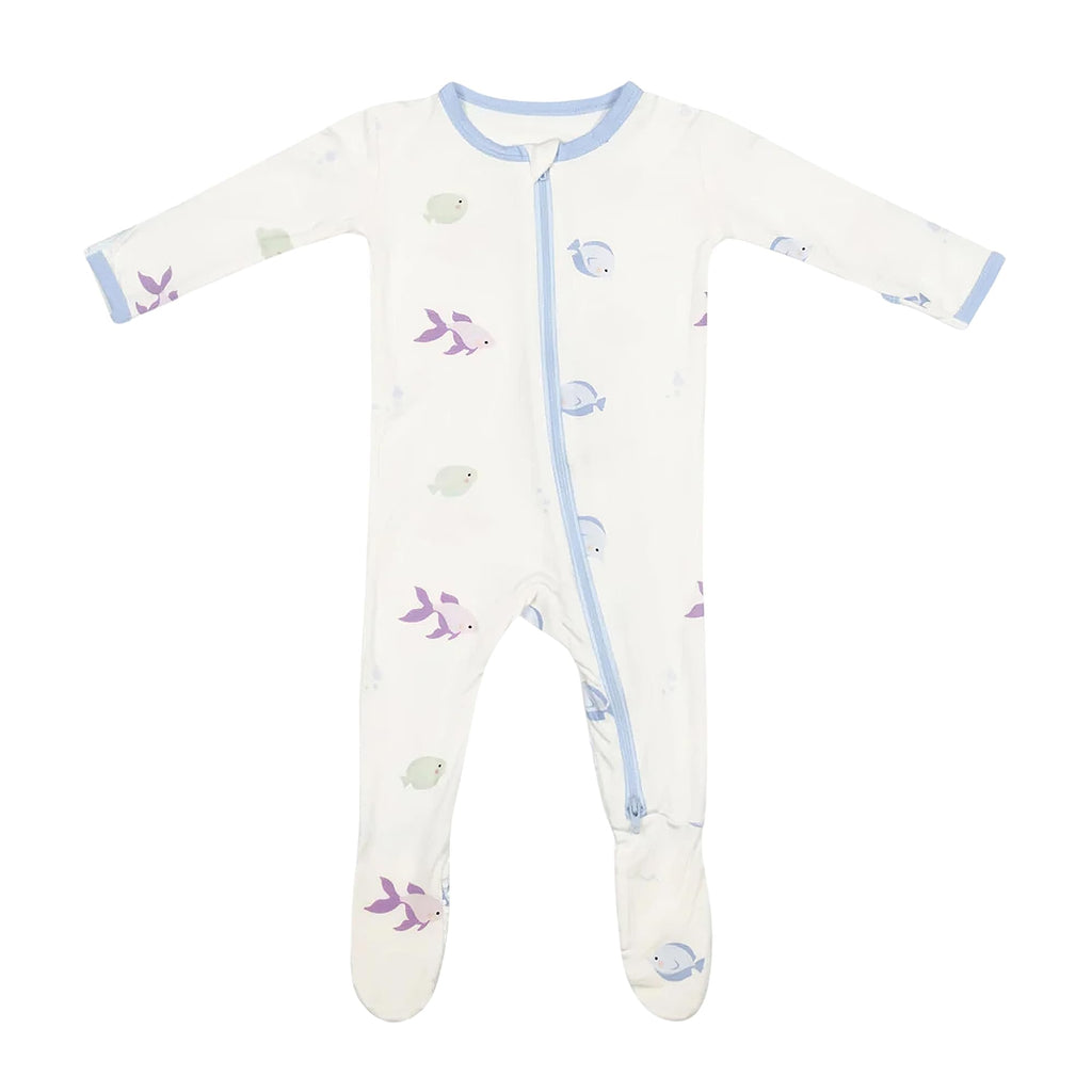 Bamboo Little Soft Baby Footie Pajamas, Baby Clothes, Newborn Sleepers, 95% Viscose and 5% Spandex, Blue Fish 6-9 Months