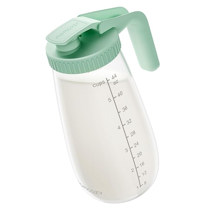 Momcozy Glass Breast Milk Pitcher, Formula Breastmilk Storage Container, Heat & Cold Resistant, No Leak Pitcher for Breastmilk with Wide Mouth, Fast Baby Formula Maker, 48OZ, 1 Count