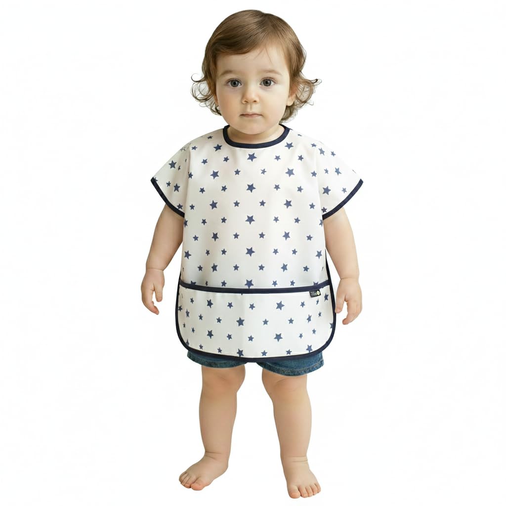 Plie Short Sleeve Waterproof Bib for Toddlers – Easy Clean Feeding Apron for Mealtime, Daycare, Self-Feeding & Messy Play, Lightweight BPA-Free Baby Bib (6–24 Months) - Yellow Bear