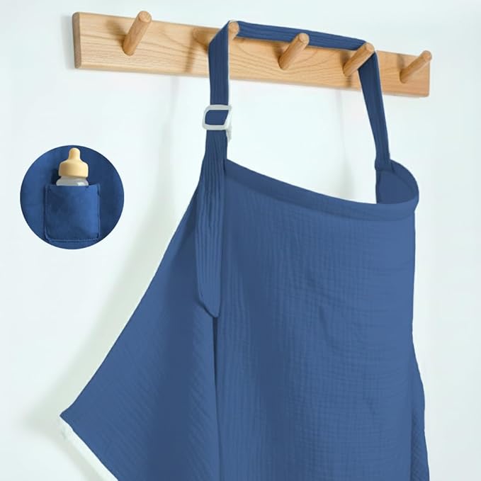 Muslin Nursing Covers for Breastfeeding, Arch Neckline Breast Feeding Covers for Women, Moms Privacy Breathable Summer Nursing Apron, 43.3" x 25.6" Soft Feeding Cover (Misty Blue)