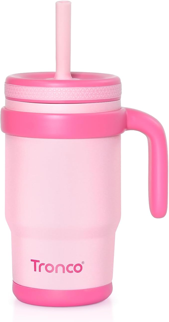 Tronco 14 oz Kids Insulated Tumbler with Handle & Spill Resistant Flexible Straw, BPA-Free Stainless Steel Toddler Cups with Lids, Splash-Proof Kid Drinking Cup Travel Mugs, Easy to Clean