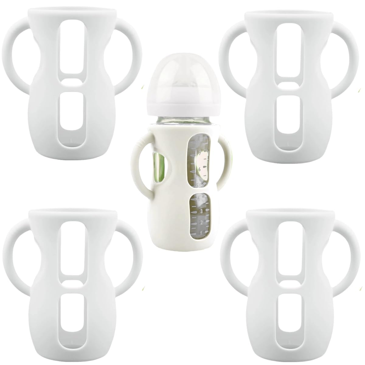 4-Pack Silicone Sleeves with Handles for Avent Glass Bottles, 8 OZ, White