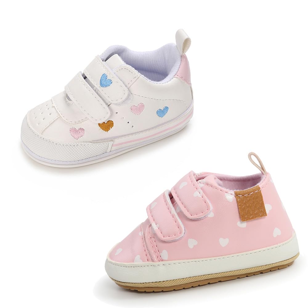 Clowora Baby Boys Girls Shoes Non-Slip Rubber Sole Sneakers Infant First Walking Toddler Crib Shoes Newborn Loafers Flats. (11/2 Pairs_Multi Color+Pink Heart,0-6 Months)