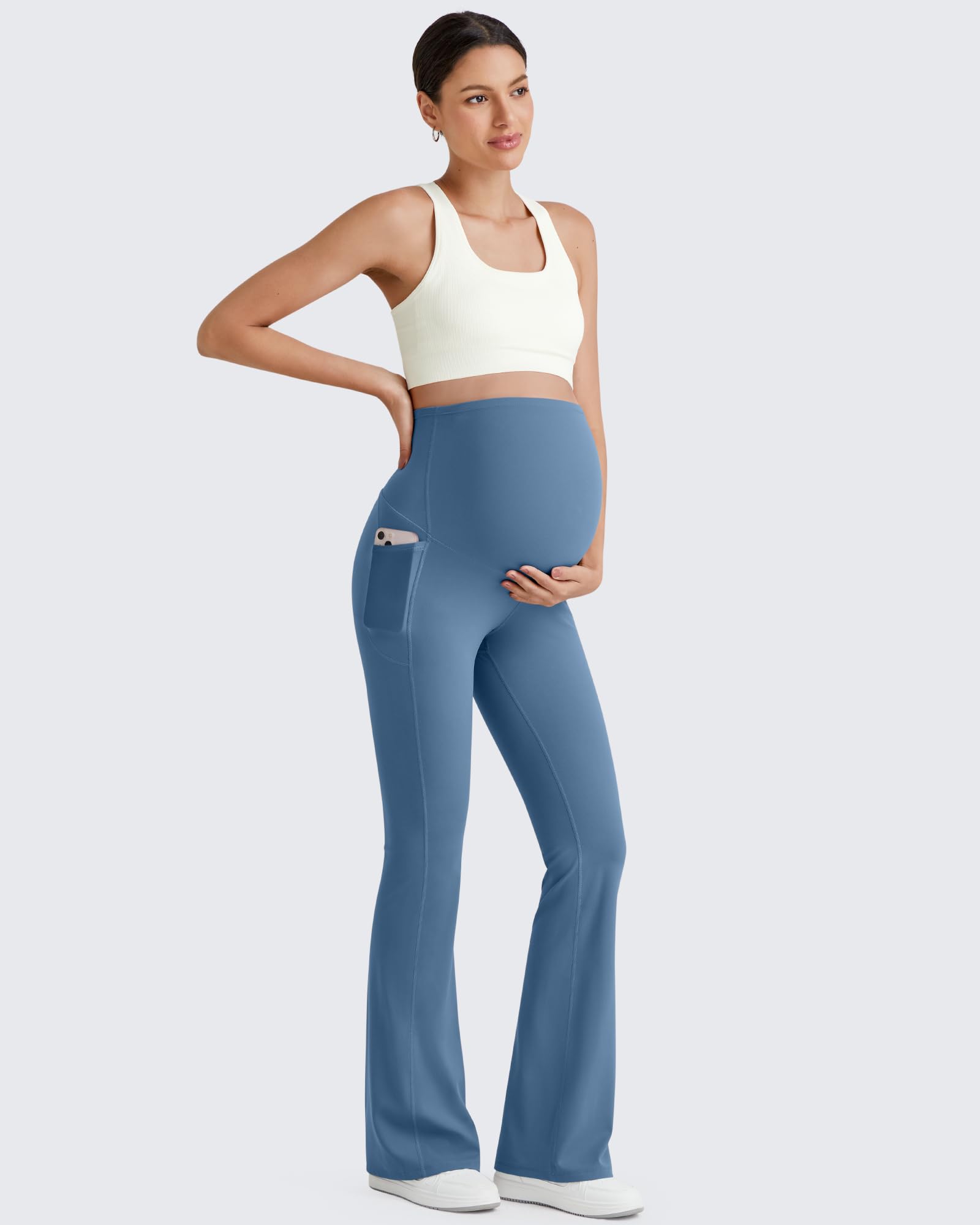 G4Free Pregnancy Outfits Maternity Work Pants Pockets,Blue Gray,XL,Petite