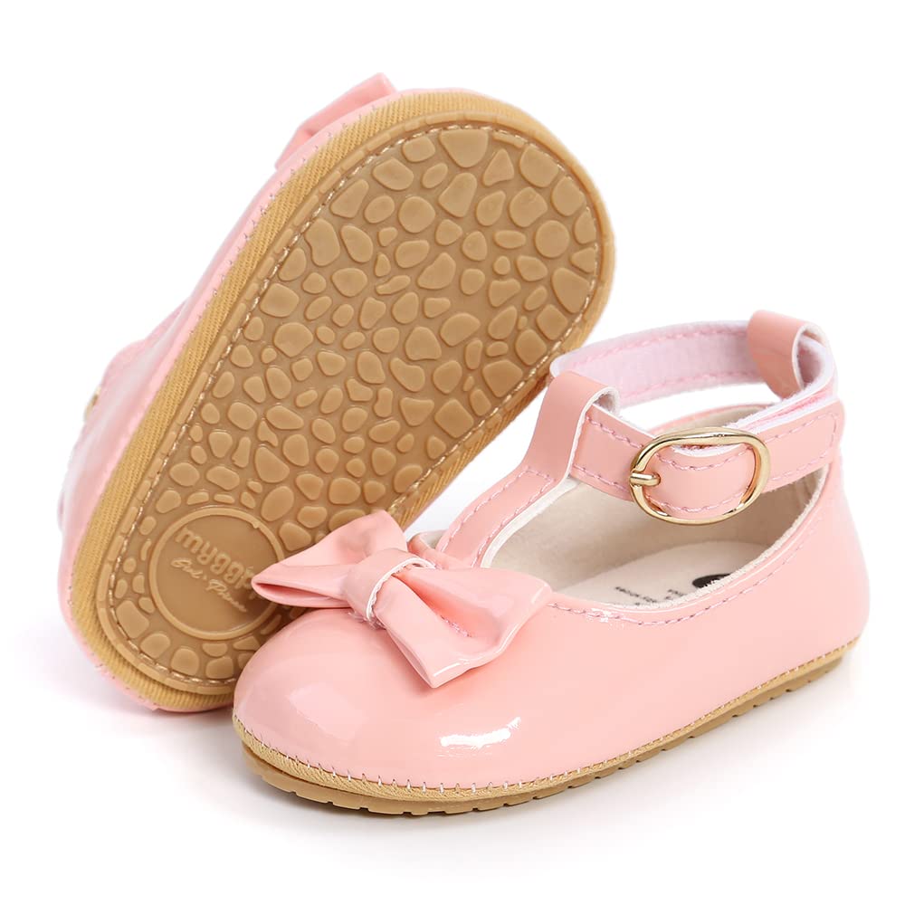COSANKIM Baby Girls Mary Jane Flats Shoes Anti-Slip Rubber Sole Infant Toddler Princess Wedding Dress Shoes(01 Pink, 12-18 Months Toddler)