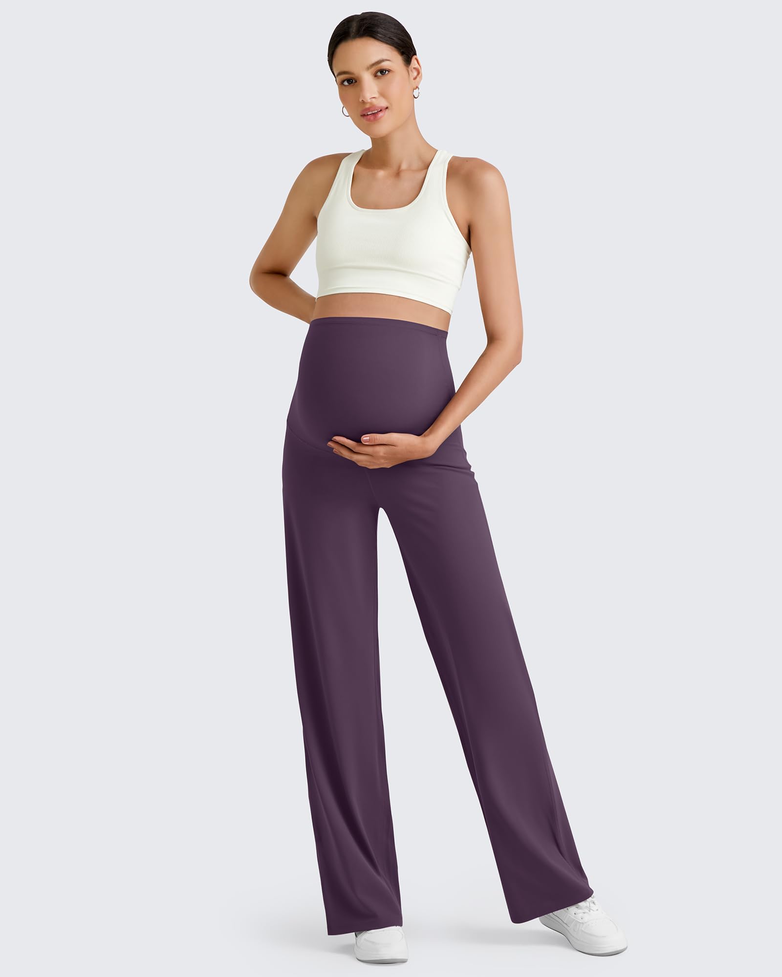 G4Free Maternity Clothes Work Prenancy Pant Wide Leg,Grape Purple,S,Tall