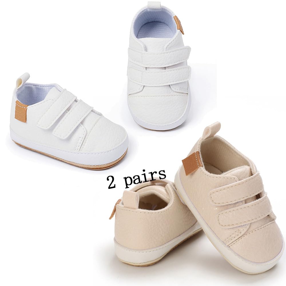 eitwo 2Pairs Baby Shoes,Boys Girls Non-Slip Rubber Sole Sneakers,Unisex Infant Soft Lightweight First Walking Crib Shoes (2Pairs_White+Beige,3-6 Months)