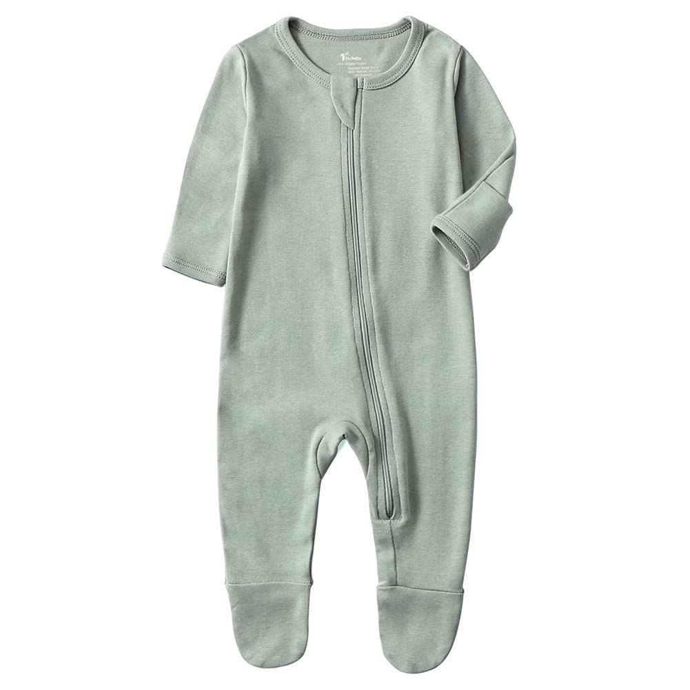 O2 BABY Baby Boys Girls Organic Cotton Zip Front Sleeper Pajamas, Footed Sleep 'n Play（Newborn, Sage）