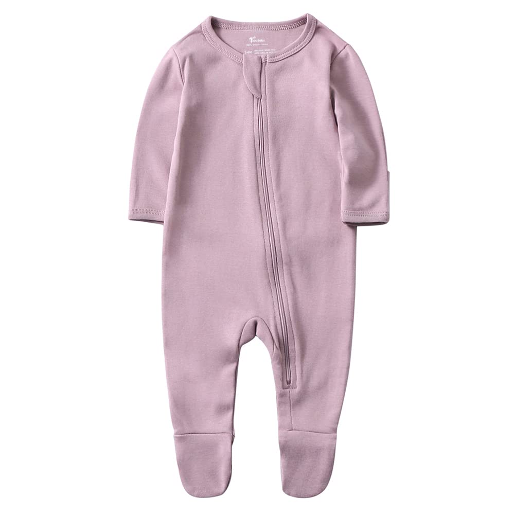 O2 BABY Baby Boys Girls Organic Cotton Zip Front Sleeper Pajamas, Footed Sleep 'n Play（0-3 Months, Mauve）