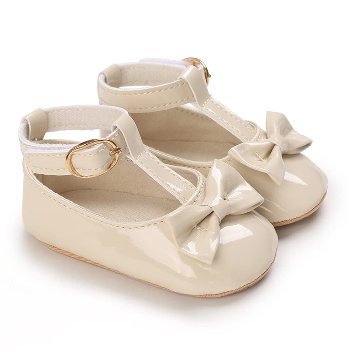 COSANKIM Baby Girls Mary Jane Flats Shoes Anti-Slip Rubber Sole Infant Toddler Princess Wedding Dress Shoes(01 Beige, 3-6 Months Infant)