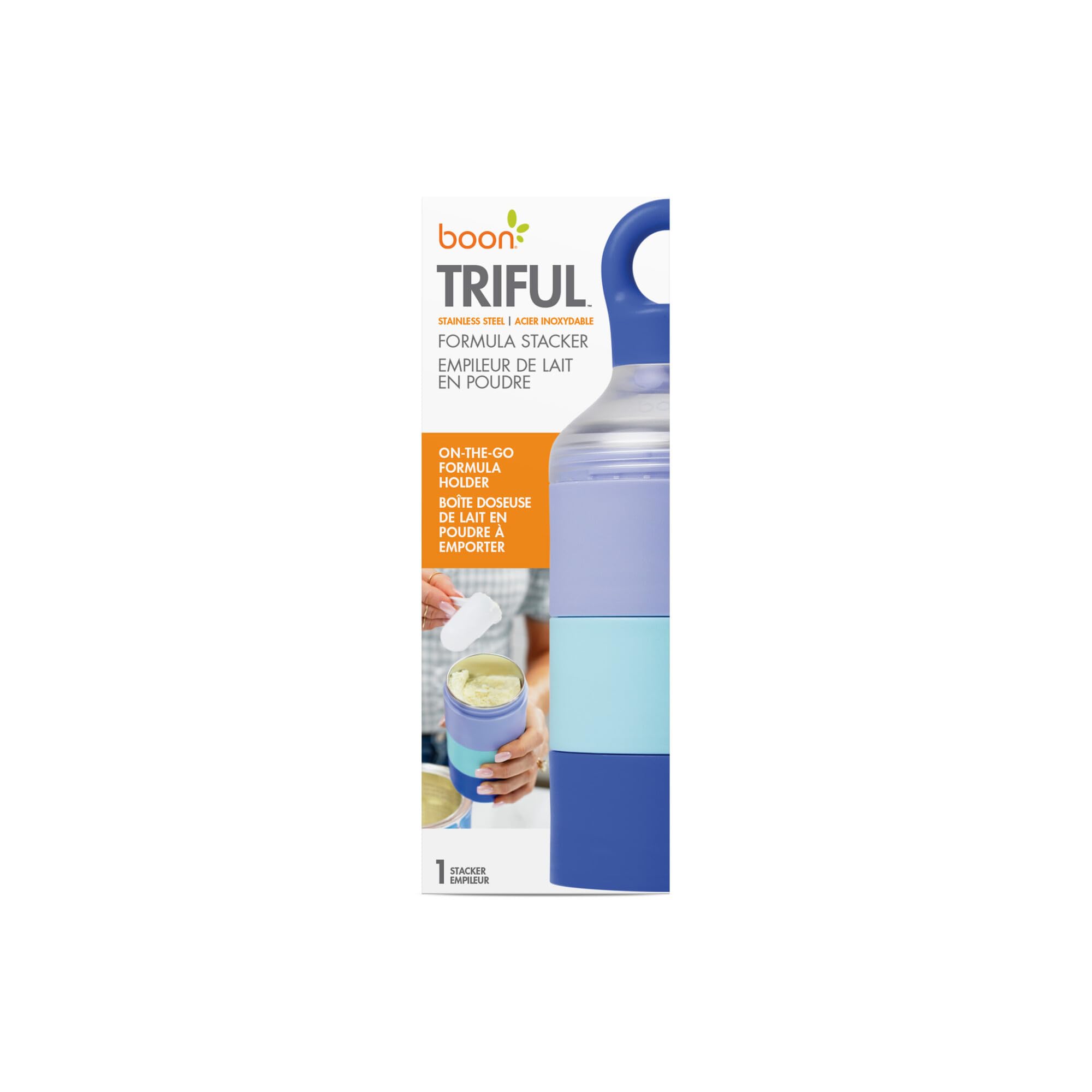 Boon Triful Baby Formula Dispenser On the Go - Insulated Stainless Steel Formula Containers with Stacking Design - Baby Bottle-Feeding Supplies for Travel, Camping, 8 oz, Blue