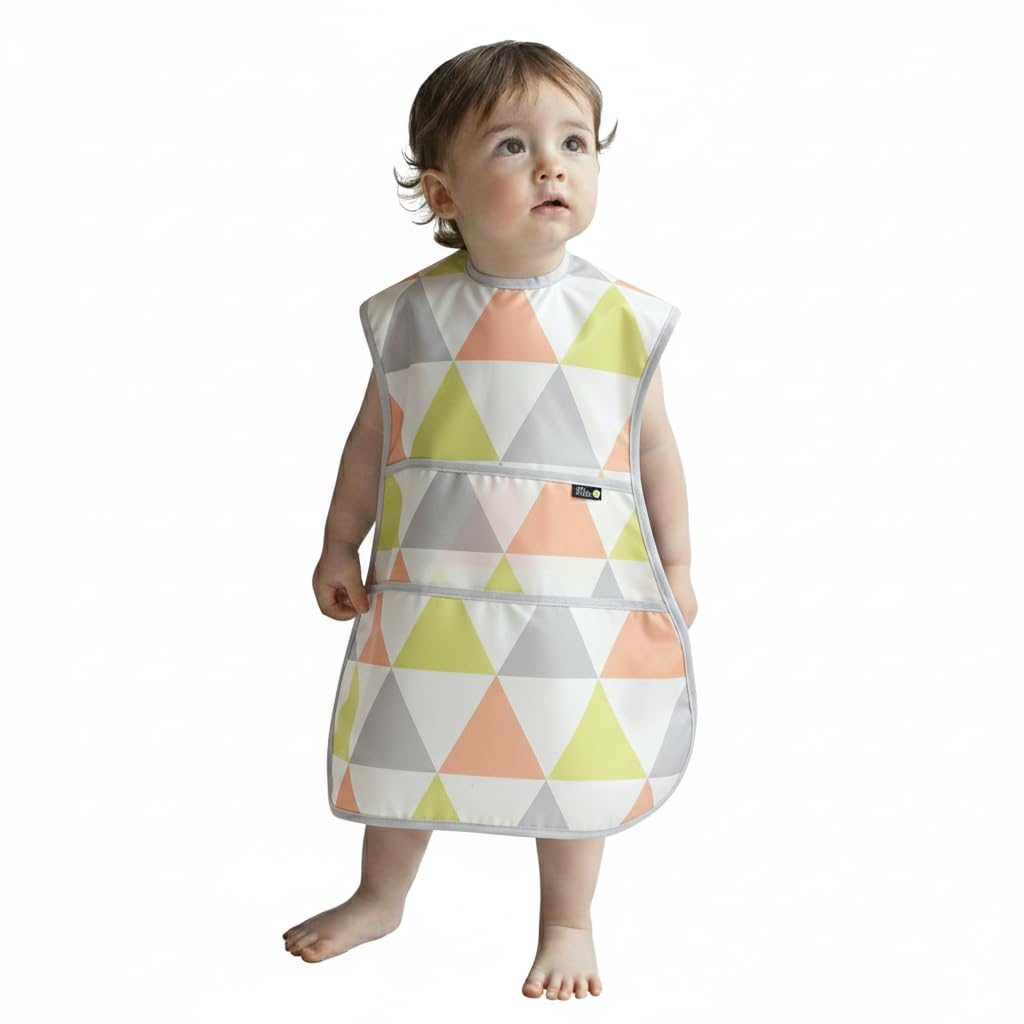 Plie Full Coverage Waterproof Feeding Bib for Toddlers – Extra Long Apron Bib for Mealtime, Self-Feeding, High Chair, Food Catcher, BPA-Free, Easy to Clean - Lime Triangle