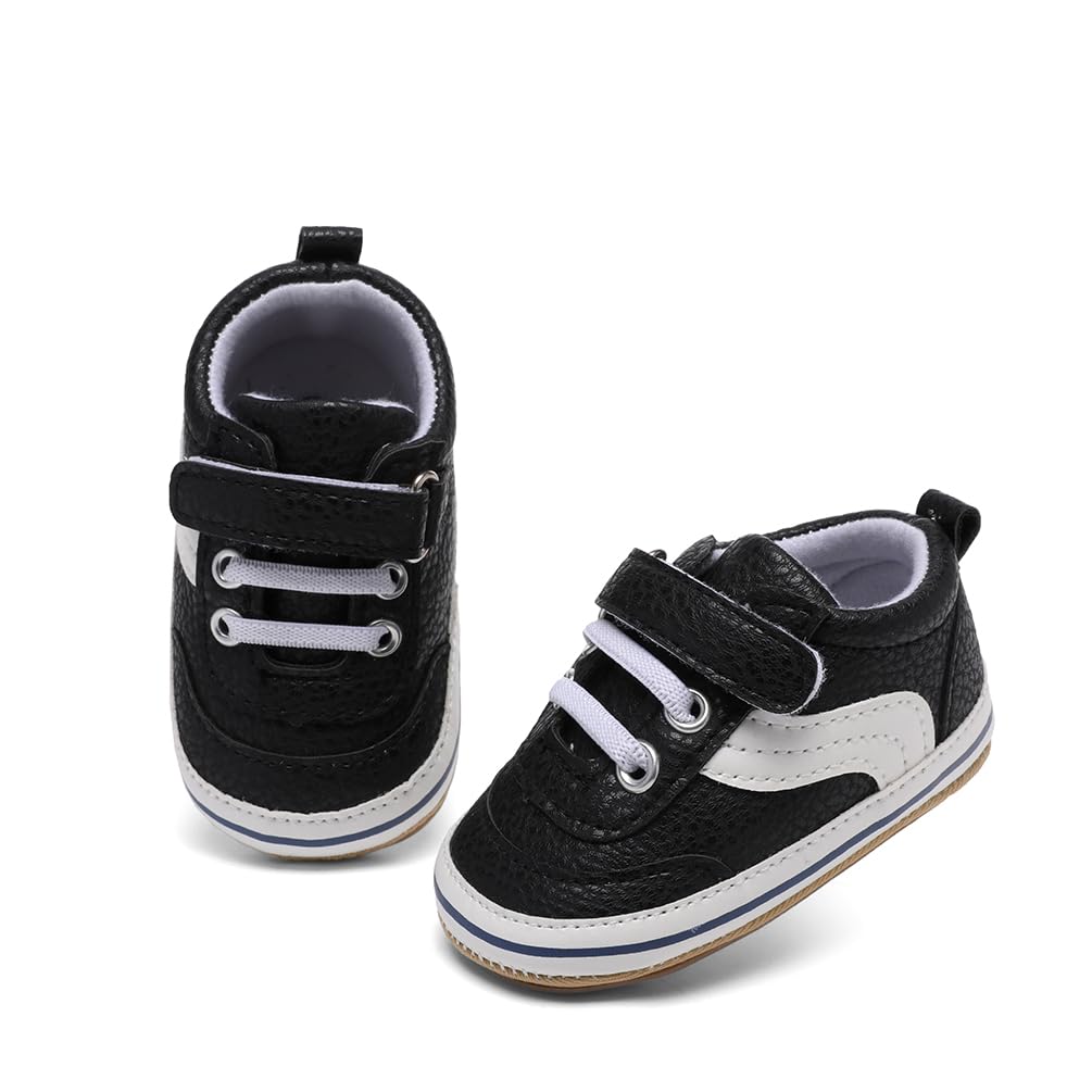 Clowora Baby Boys Girls Shoes Non-Slip Rubber Sole Sneakers Infant First Walking Toddler Crib Shoes Newborn Loafers Flats. (0611/Black,0-6 Months)