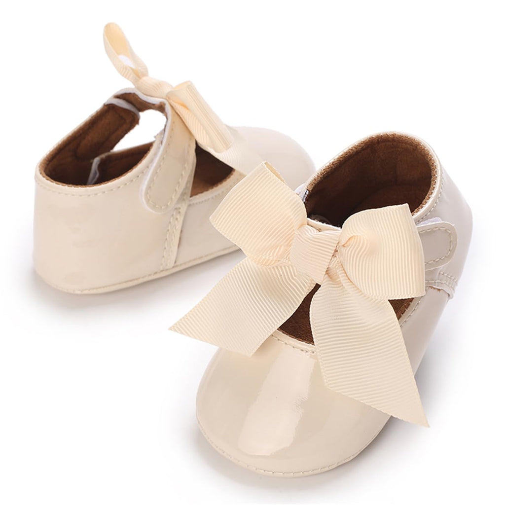 COSANKIM Baby Girls Mary Jane Flats Shoes Anti-Slip Rubber Sole Infant Toddler Princess Wedding Dress Shoes(12-18 Months Toddler, A/Beige)