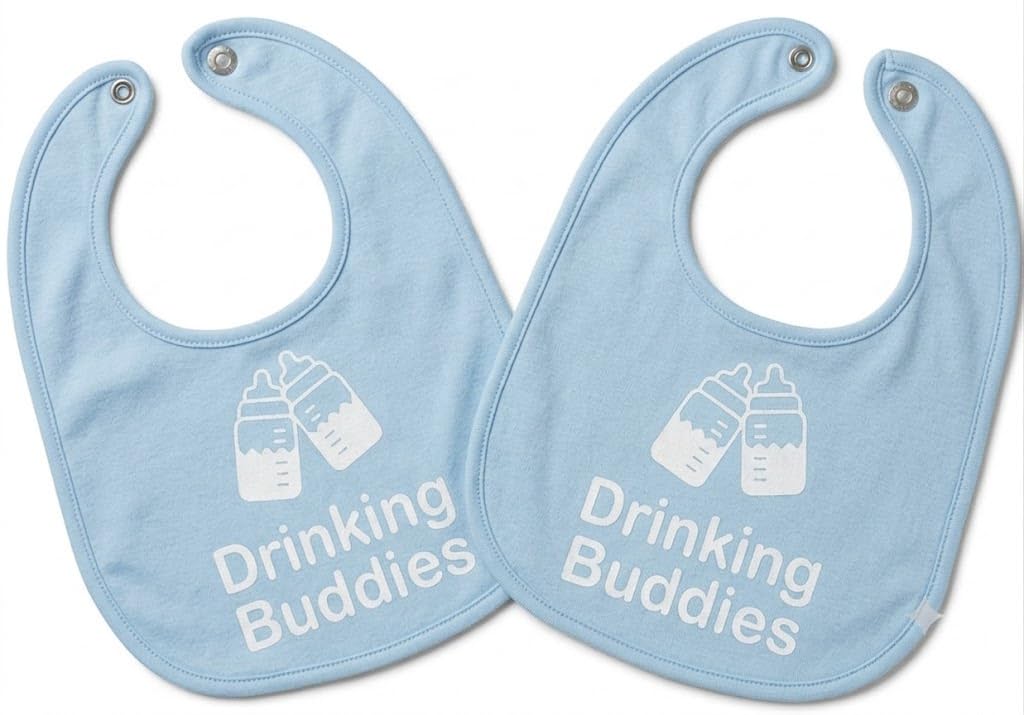 100% Cotton Drinking Buddies Twin Bibs for Babies – Soft, Cute & Practical Waterproof, Durable, Unisex Bibs for Twins. Ideal for Mess-Free Feeding, Everyday Use, and Protecting Clothing from Spills