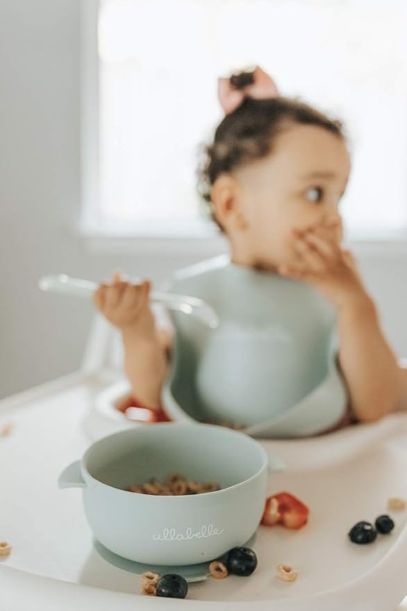 Ullabelle Toddler Plates & Bowls Complete Set w/Spoon - BPA Free 100% Food Grade Silicone - Microwave & Dishwasher Safe Baby Suction Plate, Bowl w/Lid, & Spoon - (Sage)