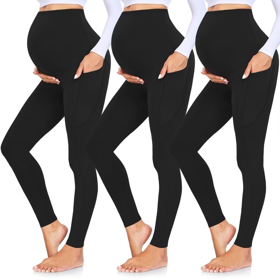 GROTEEN 3 Pack Women's Maternity Leggings with Pockets Over The Belly Pants