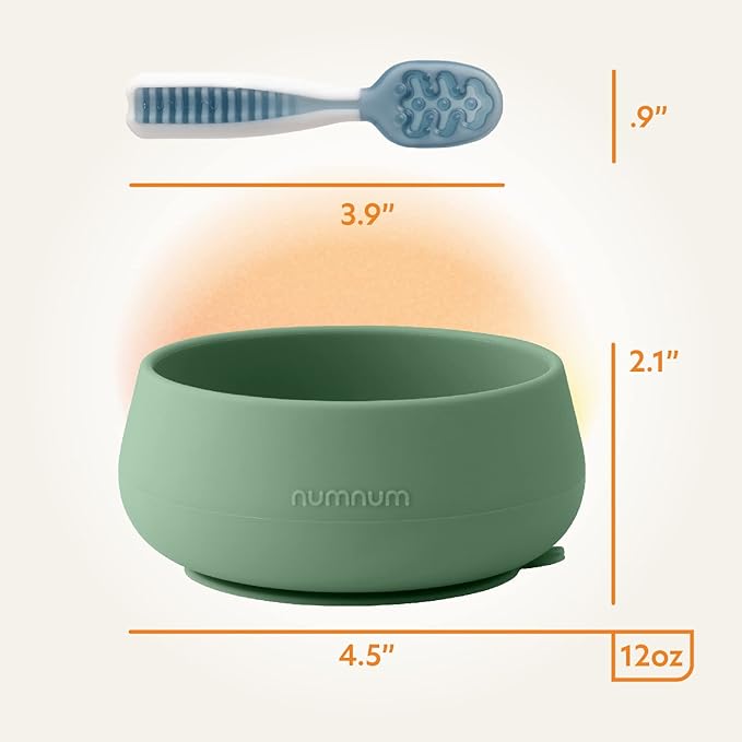 NumNum Baby Bowl & 2 Pack GOOtensils Baby Spoons, Suction Bowls for Baby 4+ Months, Extra Strong Non-Slip Suction, 100% Food-Grade Silicone, BPA-Free, Microwave & Dishwasher Safe (Green/Blue)