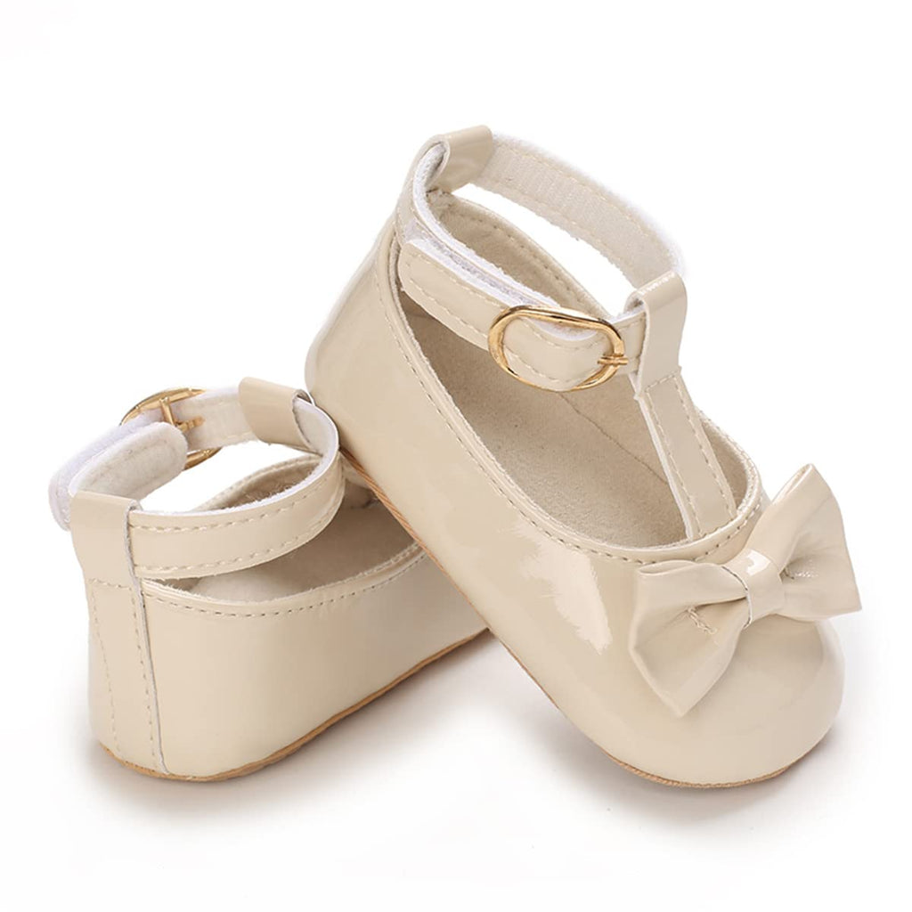COSANKIM Baby Girls Mary Jane Flats Shoes Anti-Slip Rubber Sole Infant Toddler Princess Wedding Dress Shoes(01 Beige, 3-6 Months Infant)