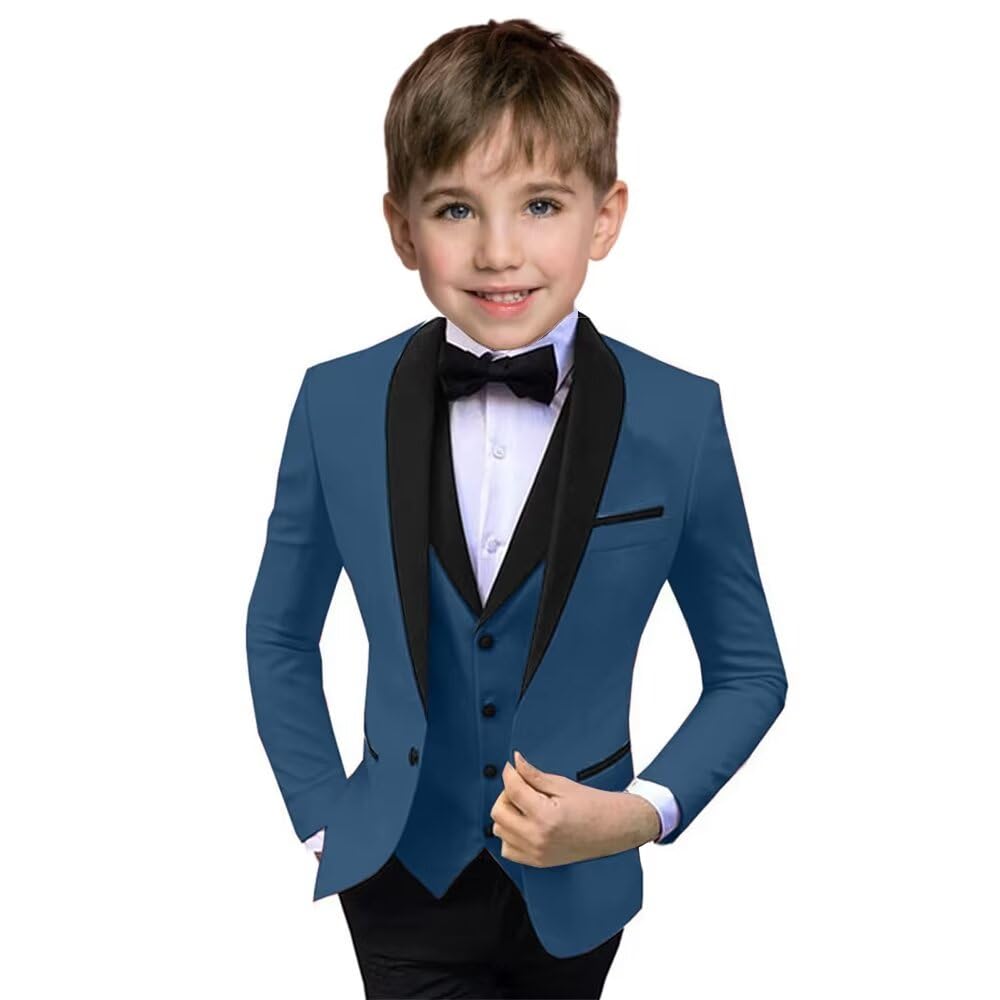Boys Suit 3 Piece Ring Bearer Suit Kids Formal Jacket Vest Pants Suits Wedding Outfit for Party Prom Tuxedo-Light Blue-5