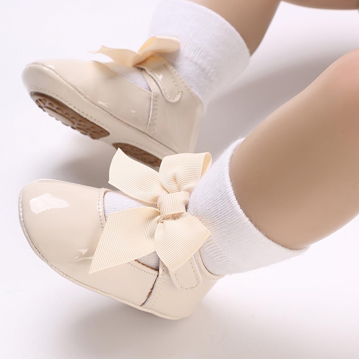 COSANKIM Baby Girls Mary Jane Flats Shoes Anti-Slip Rubber Sole Infant Toddler Princess Wedding Dress Shoes(12-18 Months Toddler, A/Beige)