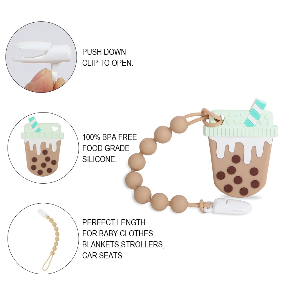 Baby Food Grade Silicone Bubble Tea Cup Teething Toys with Pacifier Clip