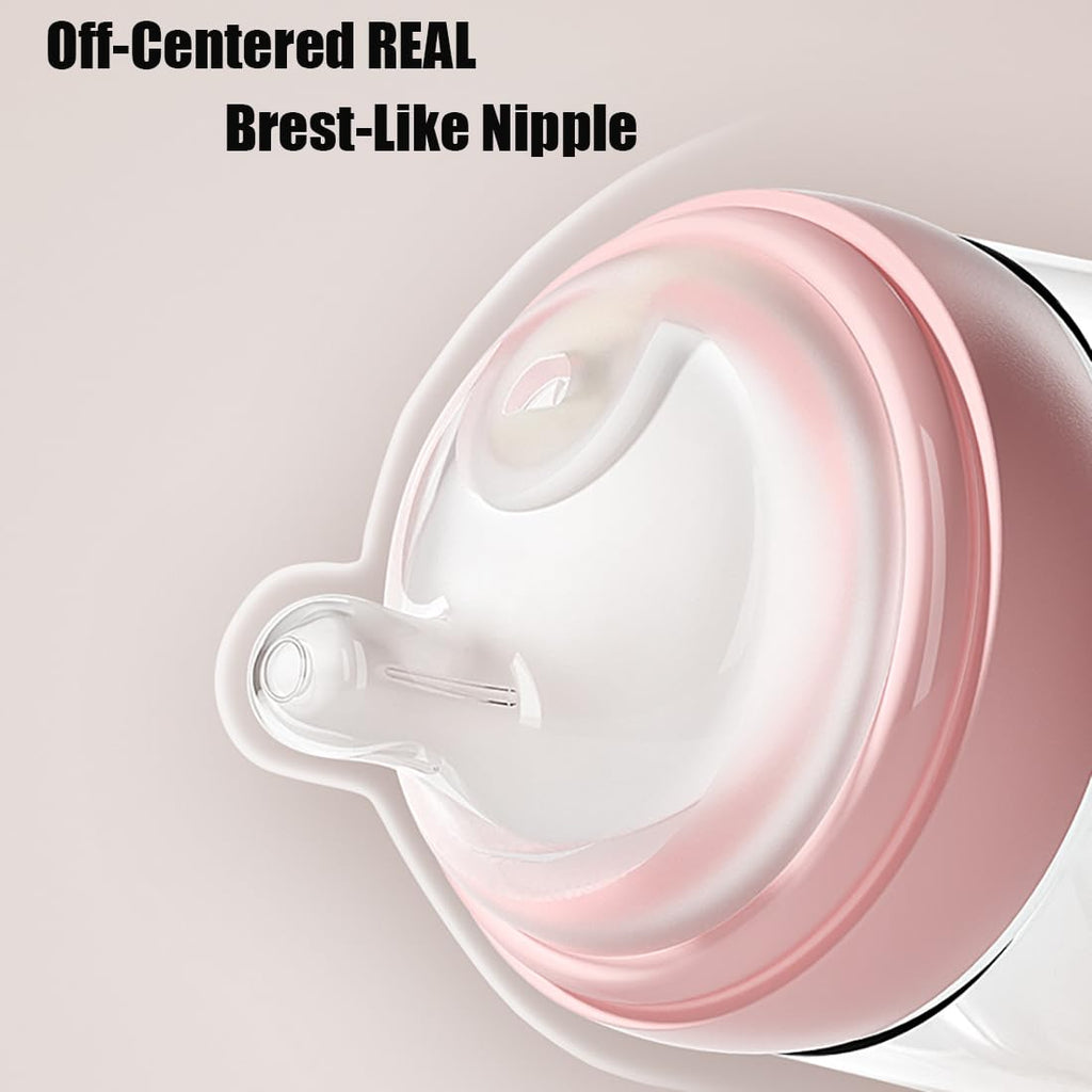 Oberni Baby Bottles with Slow Off-Centered Nipple for 0+ Months, Anti Colic Newborn Milk Feeding Bottle, 150ml/5oz/Pink/3Pack