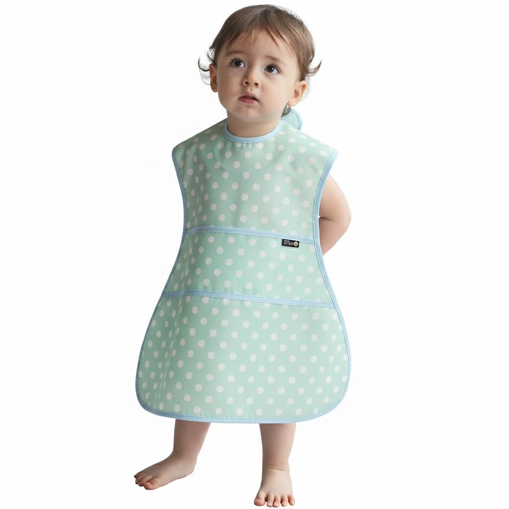 Plie Full Coverage Waterproof Feeding Bib for Toddlers – Extra Long Apron Bib for Mealtime, Self-Feeding, High Chair, Food Catcher, BPA-Free, Easy to Clean - Baby Blue/Dot