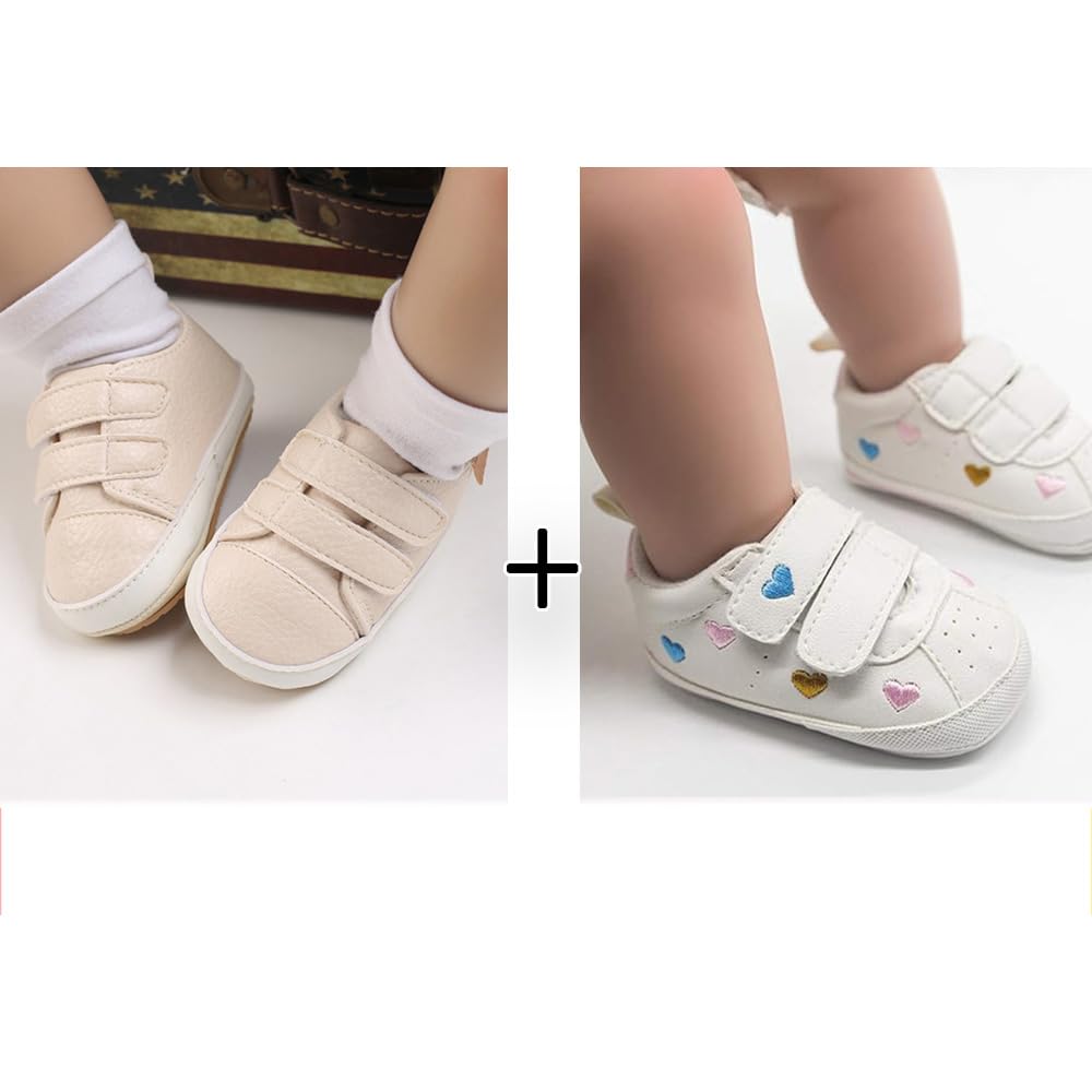 eitwo 2Pairs Baby Shoes,Boys Girls Non-Slip Rubber Sole Sneakers,Unisex Infant Soft Lightweight First Walking Crib Shoes (2Pairs_Heart+Beige,3-6 Months)