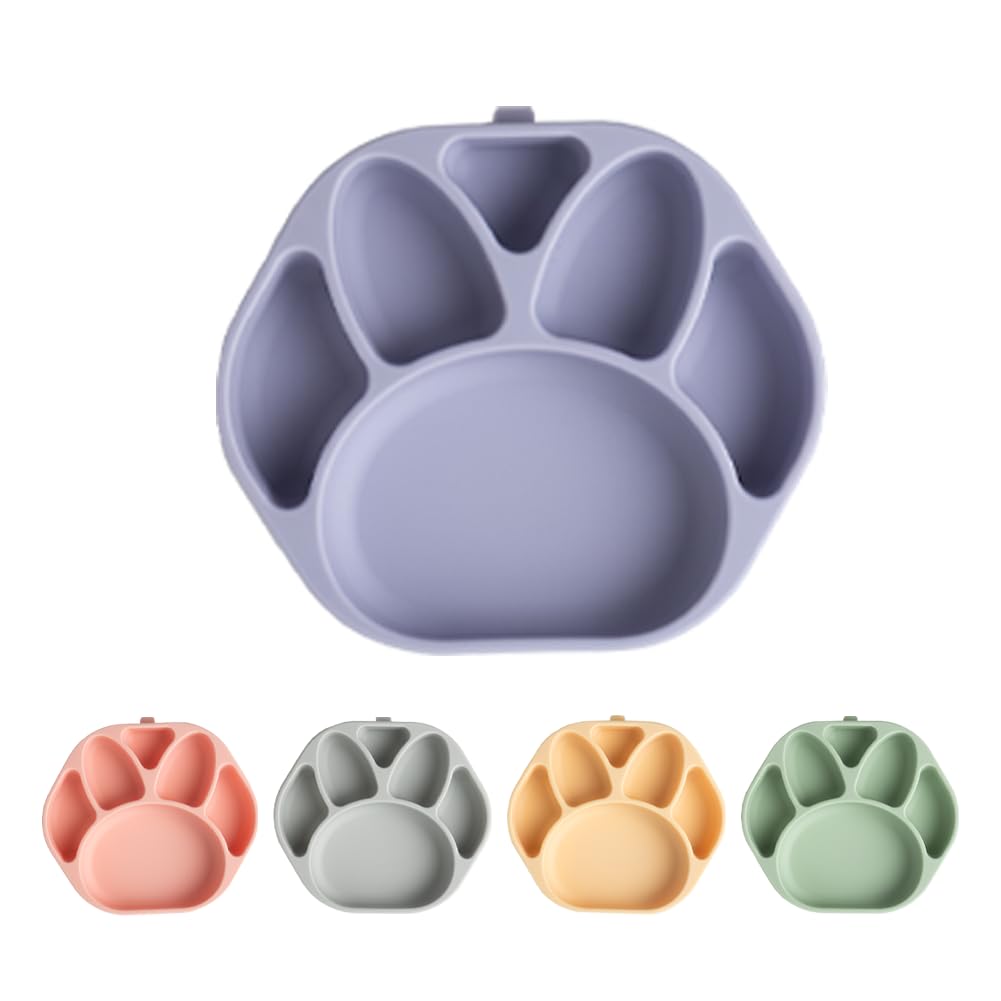 SILUNITY Baby Plates with Suction - Self-Feeding Tools for Baby - Made in Korea - Suction Plates Feeding Essentials - Ideal Baby Food Plates - Perfect Design for Toddlers (Bear Claw) (Gray)