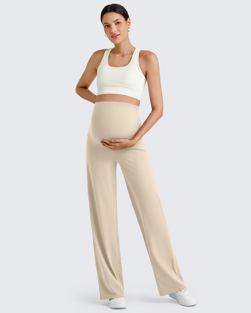 G4Free Maternity Yoga Pants Athletic Wide Leg,Light Khaki,XXL,Tall