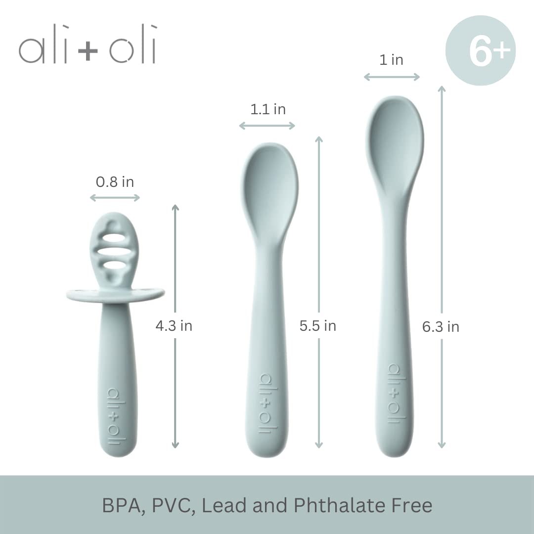 Ali+Oli (3pc) Silicone Spoon Set for Baby (Blue) Unbreakable Baby Spoons, Self Feeding Utensils, Multi-stage Design, Ergonomic Handle
