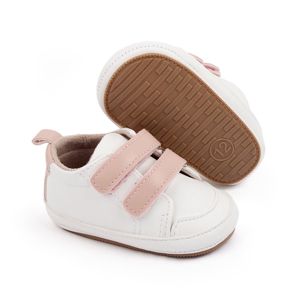 LONSOEN Baby Boys Girls First Walking Shoes Infant Outdoor Sneakers,BAY243 White/Pink 12-18 Months