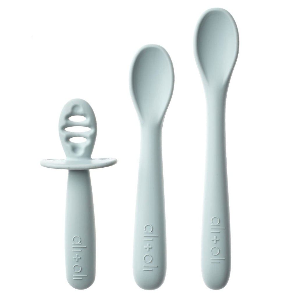 Ali+Oli (3pc) Silicone Spoon Set for Baby (Blue) Unbreakable Baby Spoons, Self Feeding Utensils, Multi-stage Design, Ergonomic Handle