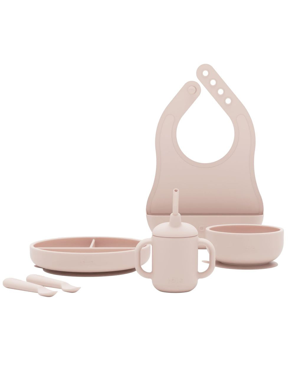 Lalo First Bites Silicone Baby Feeding Set - Baby Led Weaning Supplies - Non-Toxic Silicone - Includes 1 Bib, 2 Spoons, Training Cup, Suction Plate and Bowl - 6 Pieces - Grapefruit