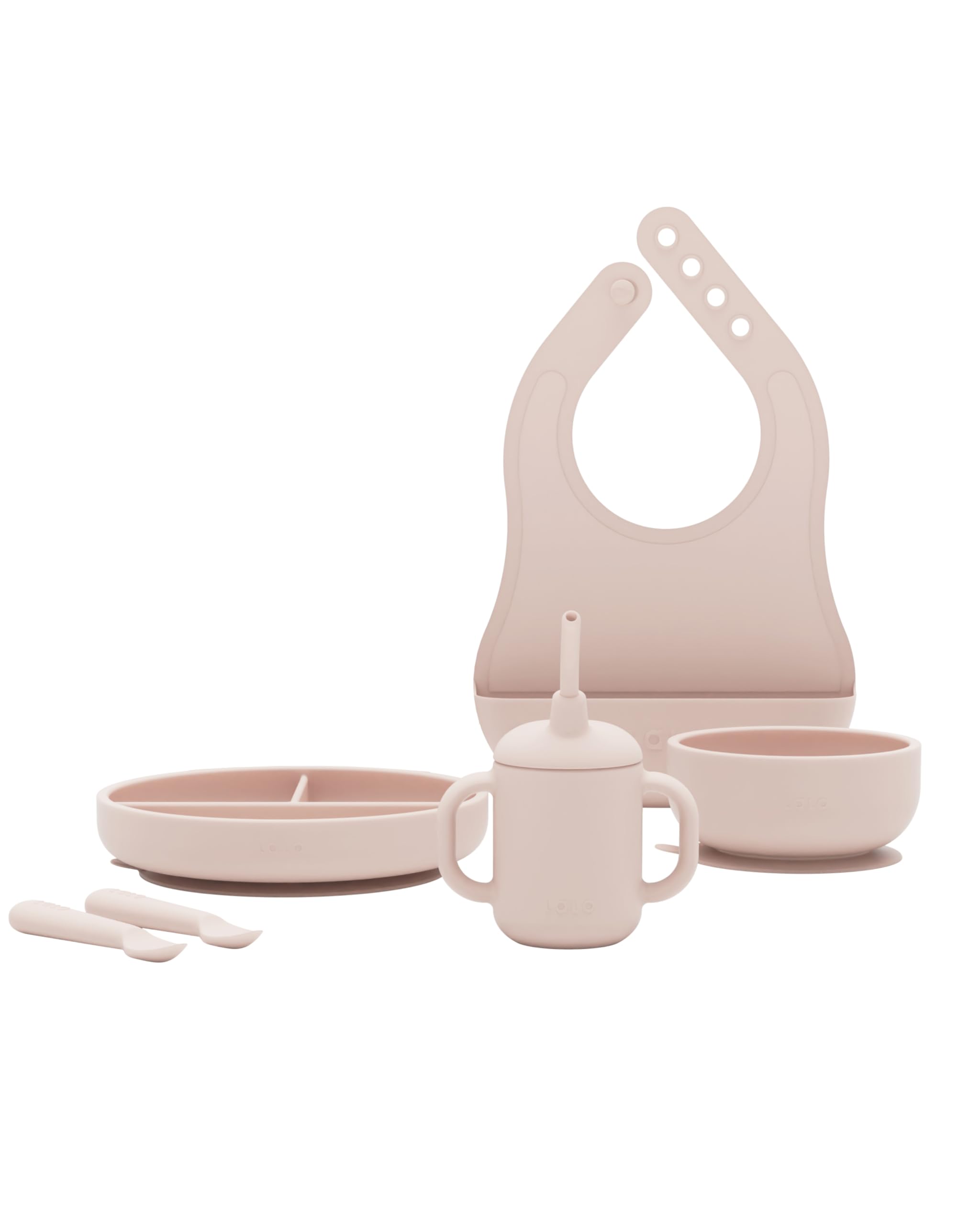 Lalo First Bites Silicone Baby Feeding Set - Baby Led Weaning Supplies - Non-Toxic Silicone - Includes 1 Bib, 2 Spoons, Training Cup, Suction Plate and Bowl - 6 Pieces - Grapefruit
