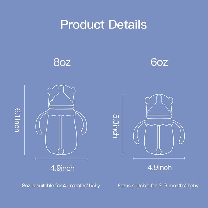POTATO Glass Baby Bottles, Anti-Colic Breastfeeding Bottles with Medium Flow Nipple, Suitable for Babies 3-6 Months, 2 Replaceable Nipples, 6 oz, Green