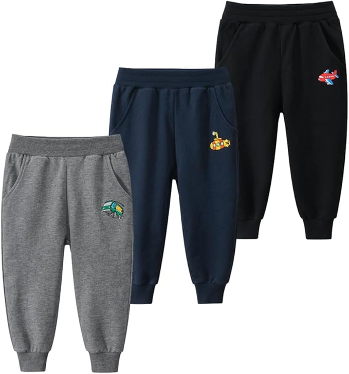 GFQLONG Toddler Boys 3 Pack Cotton Active Jogger Pants,Kids Cartoon Sweatpants Casual Lounging Bottoms