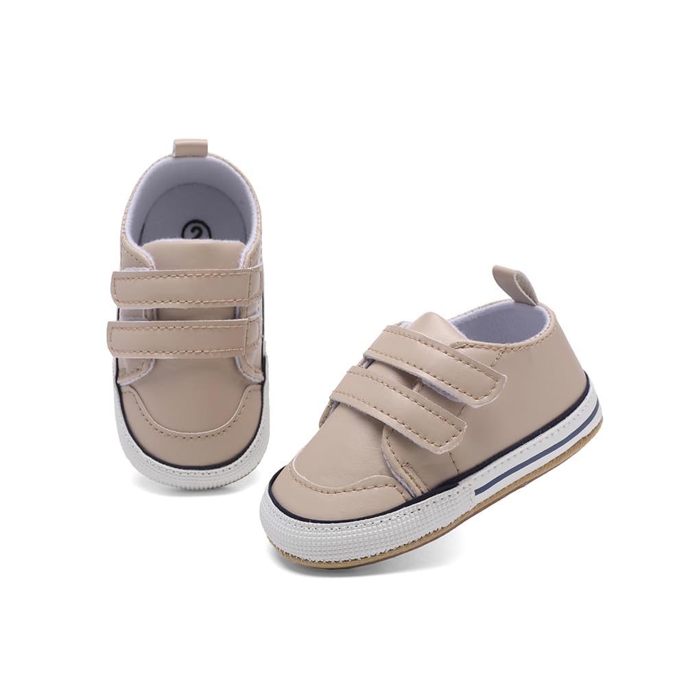 Clowora Baby Boys Girls Shoes Non-Slip Rubber Sole Sneakers Infant First Walking Toddler Crib Shoes Newborn Loafers Flats. (C062/Khaki,12-18 Months)