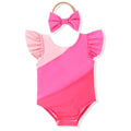 HIHA Infant Swimsuit Girls Baby One Piece Swimwear Ruffle Beach Color Block Stripe Bathing Sunsuit Neon Hot Pink 6-12 Months