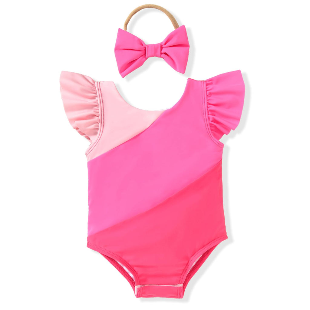 HIHA 3T Toddledr Swimsuit Girls Baby One Piece Swimwear Ruffle Beach Color Block Stripe Bathing Sunsuit Neon Hot Pink 3-4T