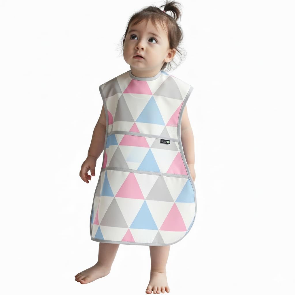Plie Full Coverage Waterproof Feeding Bib for Toddlers – Extra Long Apron Bib for Mealtime, Self-Feeding, High Chair, Food Catcher, BPA-Free, Easy to Clean - Pink/Triangle