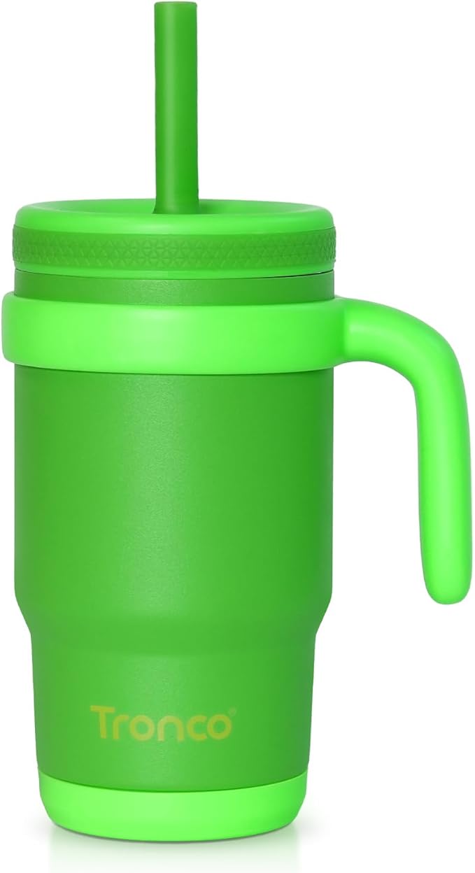 Tronco 14 oz Kids Insulated Tumbler with Handle & Spill Resistant Flexible Straw, BPA-Free Stainless Steel Toddler Cups with Lids, Splash-Proof Kid Drinking Cup Travel Mugs, Easy to Clean