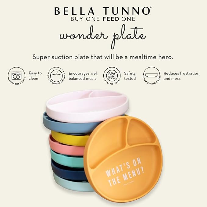 Bella Tunno Suction Plate for Babies & Toddlers, Self-Feeding Dish for Baby Led Weaning, Silicone Divided Plate, Sticks to Highchair Trays & Tables, Microwave & Dishwasher Safe, What’s on the Menu